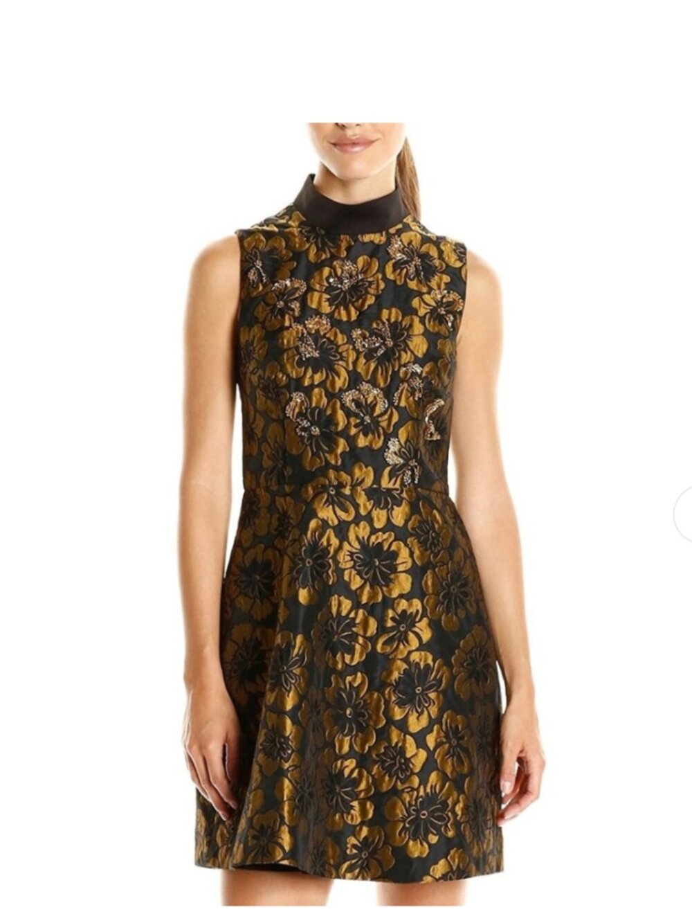 Rachel Roy Metallic Gold Floral Jacquard Sleeveless Dress Size 14